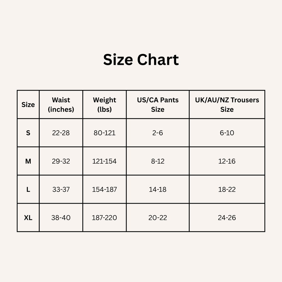 Anti-Roll Shaper Shorts size chart