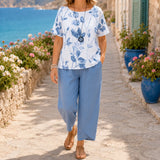 Solenna – Botanical print top and tulip hem cropped pants set for women