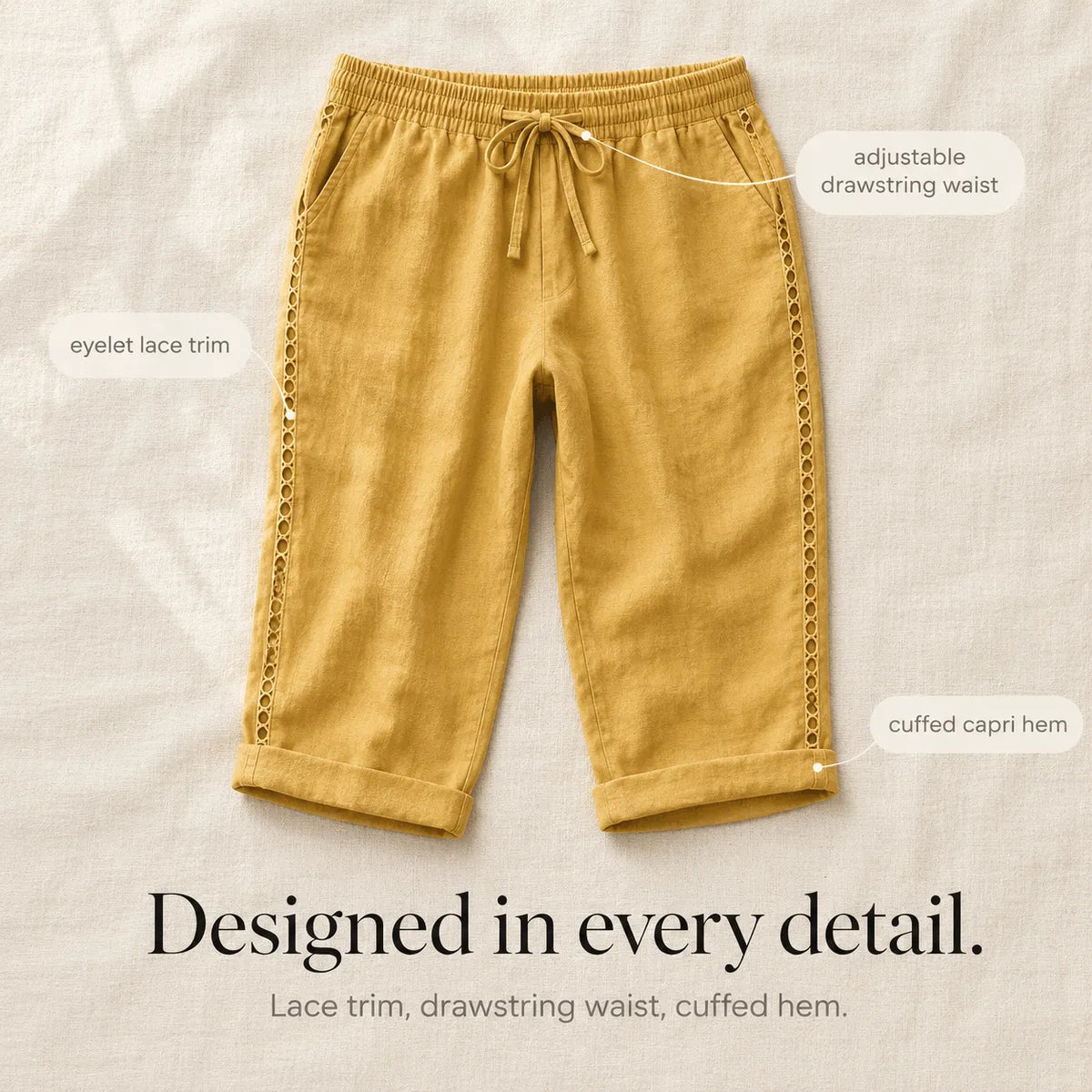 Loravie – Eyelet Trim Cotton-Linen-like Capri Pants with Drawstring Waist