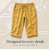 Loravie – Eyelet Trim Cotton-Linen-like Capri Pants with Drawstring Waist