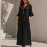 Marellia – Flowy Linen-Look V-Neck Maxi Dress with Pockets