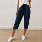 Loravie – Eyelet Trim Cotton-Linen-like Capri Pants with Drawstring Waist