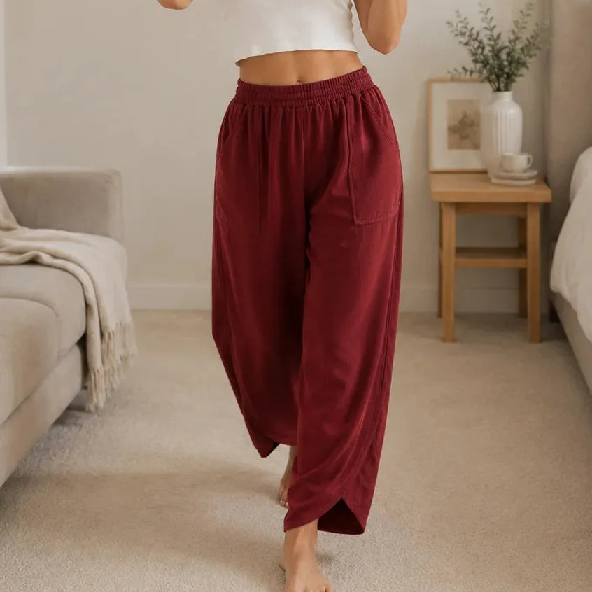 Lounella – Wide Leg Harem Pants with Elastic Waist and Deep Pockets