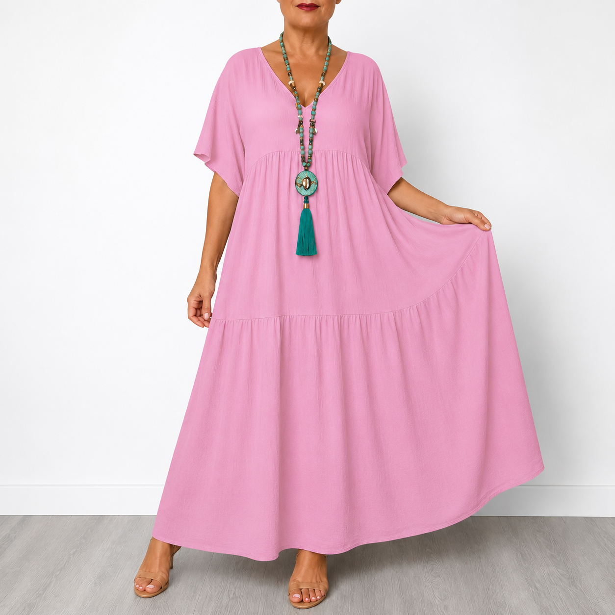 Vellira – Plus Size V-Neck Tiered Midi Dress