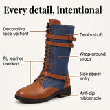 Denara - Denim and Leather Mid-Calf Riding Boots