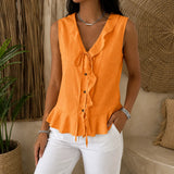 Vellara – Sleeveless Ruffle V-Neck Blouse with Bow Tie and Peplum Hem