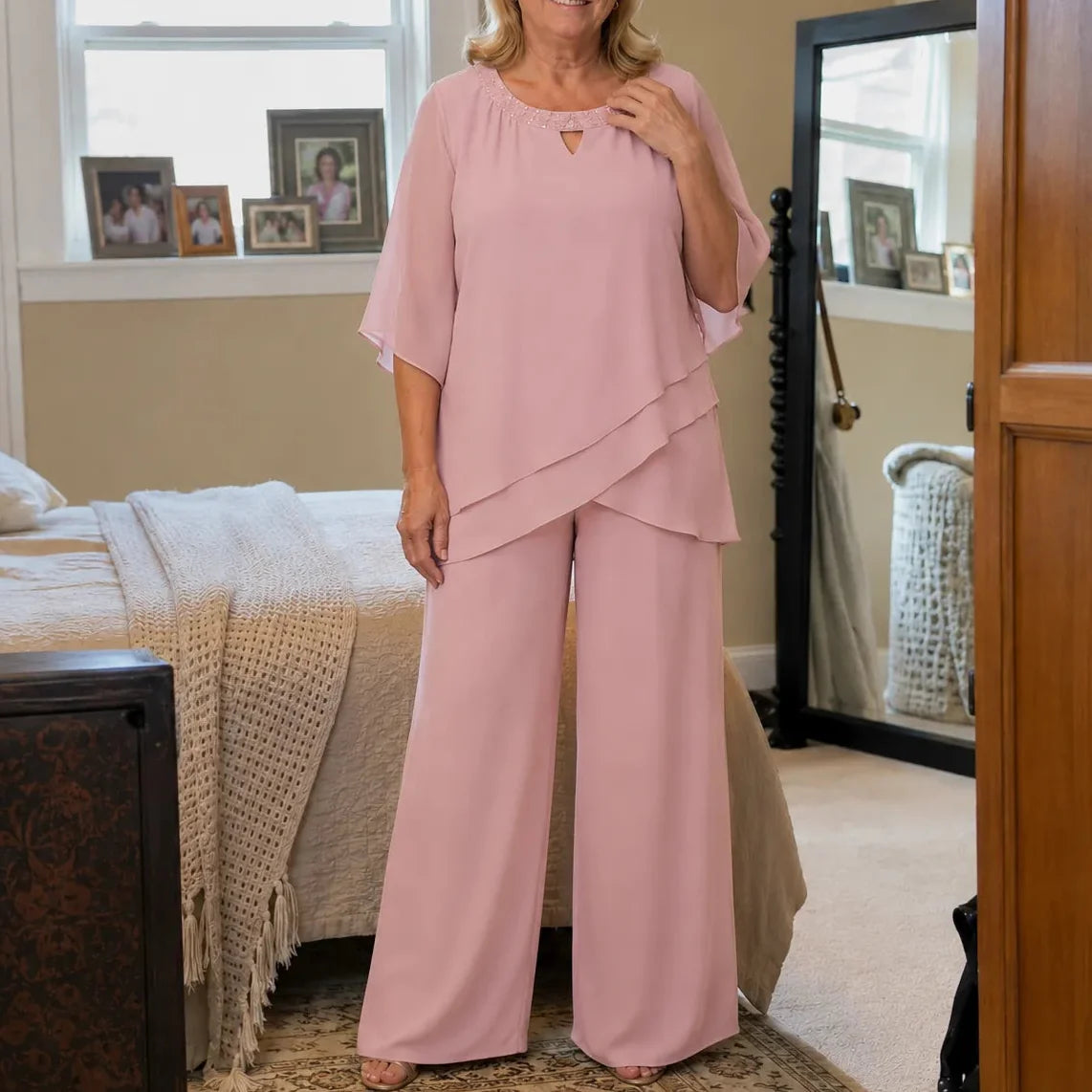 Elowen – Layered Chiffon-like Wedding Guest Pant Set for Women