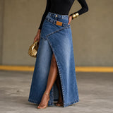 Saviera – Asymmetric Layered Denim Maxi Skirt with High Front Slit