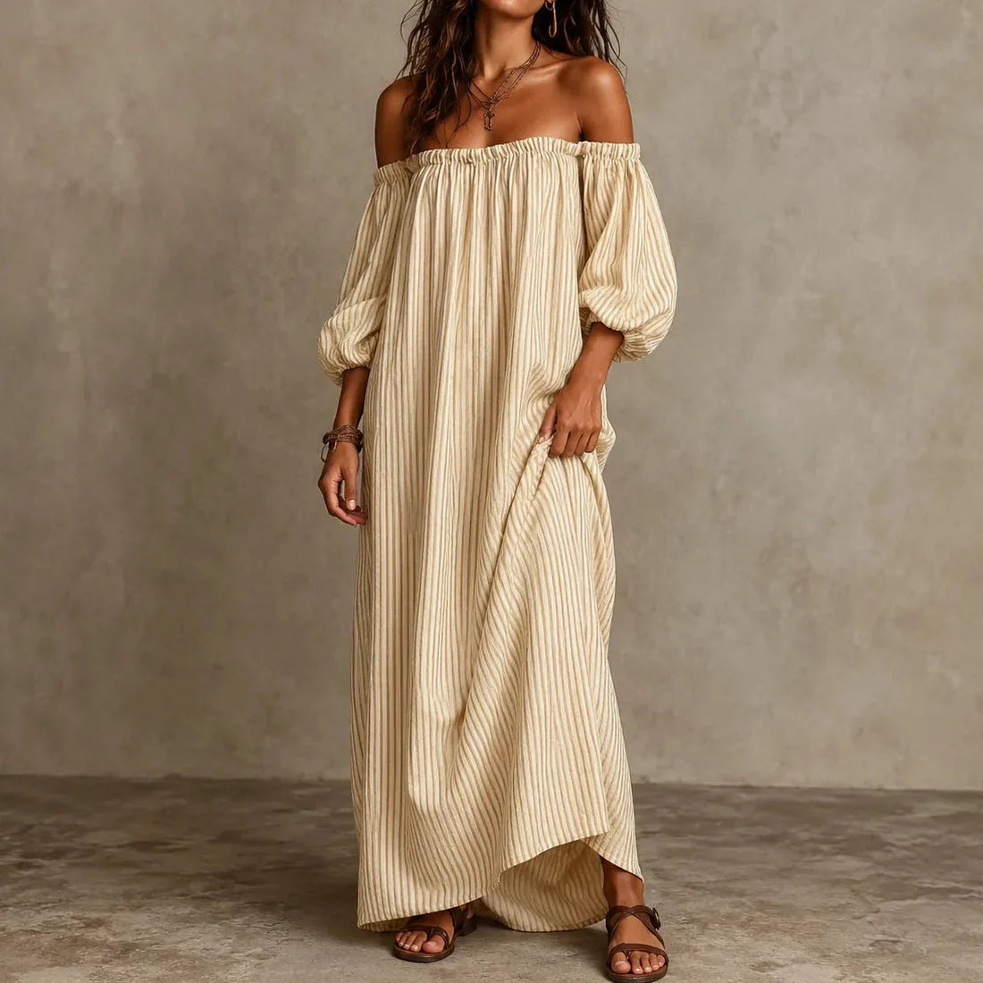 Marisella – Off-Shoulder Striped Maxi Dress with Lantern Sleeves and Pockets