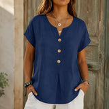 Solene – Relaxed V-Neck Blouse with Wood-like Buttons for Women