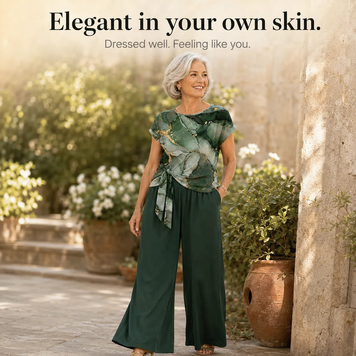 Marovelle – Marble Print Knot-Front Top and Wide-Leg Pants Set