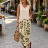 Solavia – Effortless 2 Piece Set, Sleeveless V-Neck Top and Wide-Leg Printed Pants