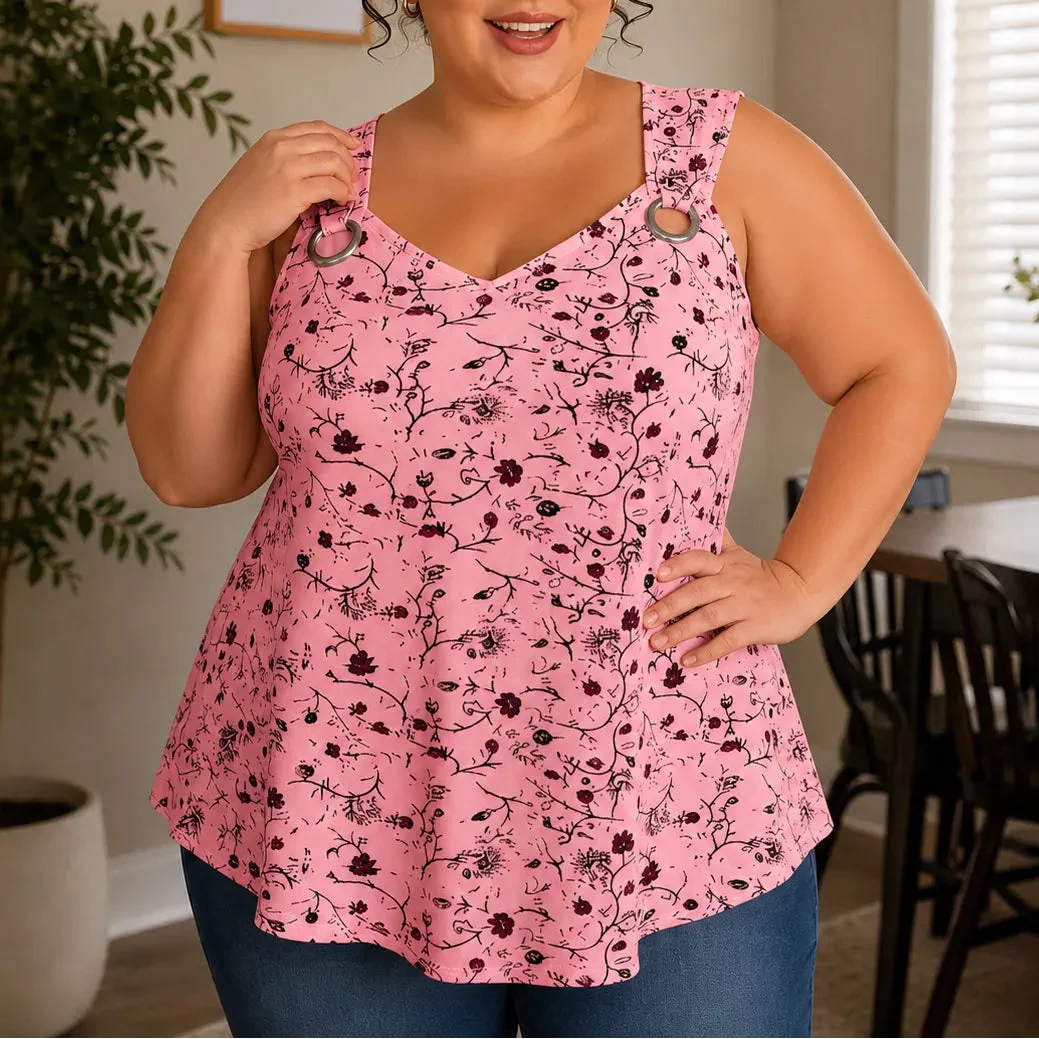 Wearlora – Plus Size Floral Swing Tank Top with O-Ring Straps