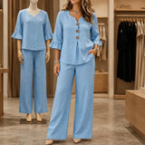 Lunavia – Linen-Look Two-Piece Set with Ruffle Sleeves and Wide-Leg Pants
