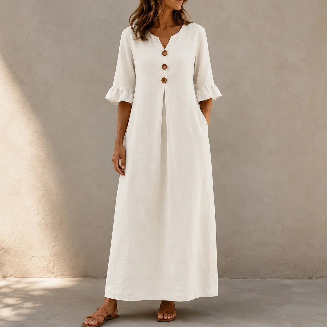 Marellia – Flowy Linen-Look V-Neck Maxi Dress with Pockets
