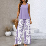 Solenza – Watercolor Print Two-Piece Set with Wide-Leg Pants and Flowy Tank