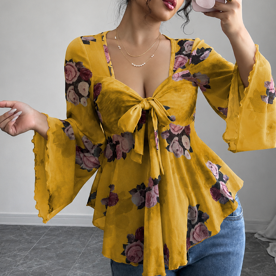 Roselyn – Floral tie-front bell sleeve mesh blouse