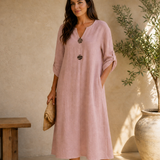 Soléma – Flowy V-Neck Midi Dress with Wooden Buttons