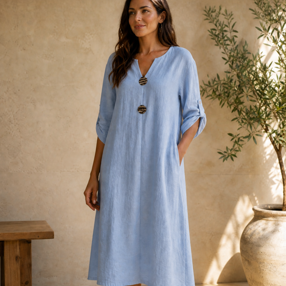 Soléma – Flowy V-Neck Midi Dress with Wooden Buttons