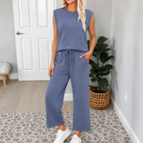 Lounella – Sleeveless Top & Wide-Leg Drawstring Pants 2-Piece Lounge Set