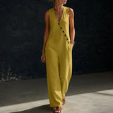 Wearvelle – Sleeveless Wide-Leg Jumpsuit with Diagonal Buttons and Pockets