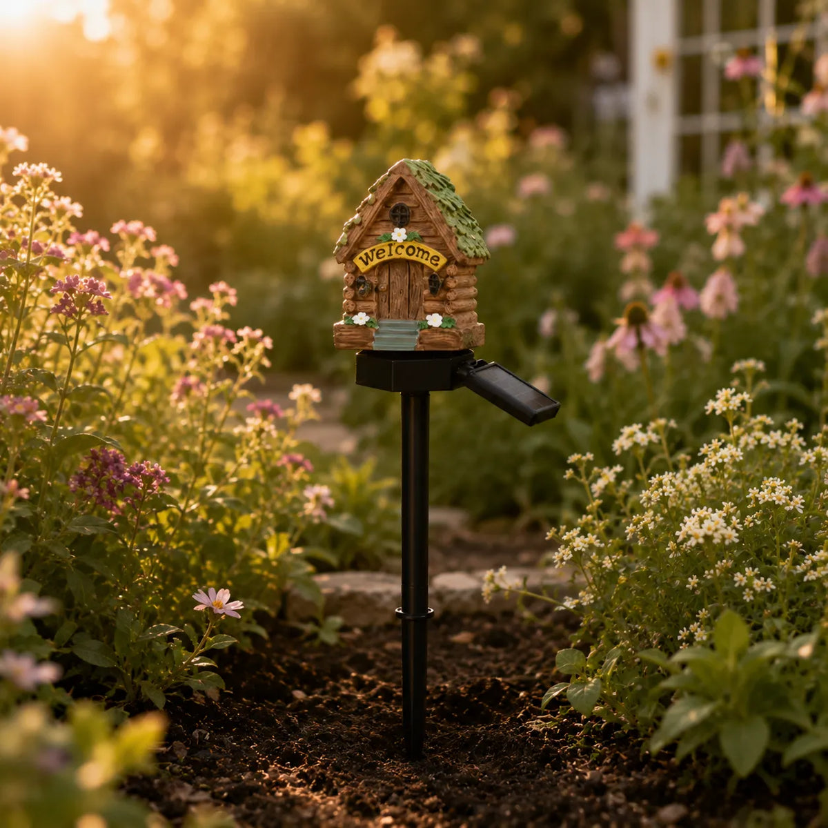 Lunavia – Solar Fairy Cottage Garden Stake Light, Hand-Sculpted Resin, Auto-On Warm LED