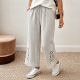 Solenne – Women's Wide Leg Drawstring Pants with Floral Cutwork Hem
