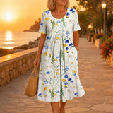 Fiorella – Floral Print Cotton-like Midi Dress with Pockets