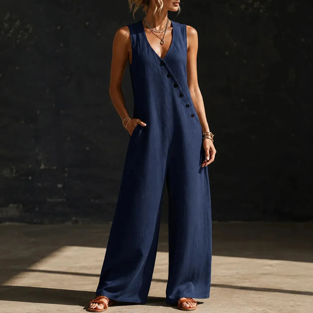 Wearvelle – Sleeveless Wide-Leg Jumpsuit with Diagonal Buttons and Pockets