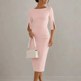 Elarosa – Pearl-like Sleeve Slim Fit Pencil Midi Dress