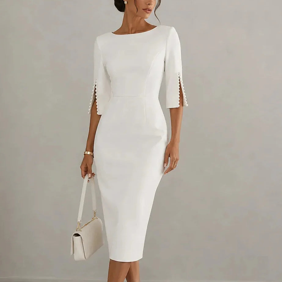 Elarosa – Pearl-like Sleeve Slim Fit Pencil Midi Dress