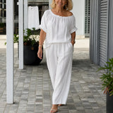 Soléne – Off-Shoulder Drawstring Top & Wide-Leg Pants 2-Piece Set