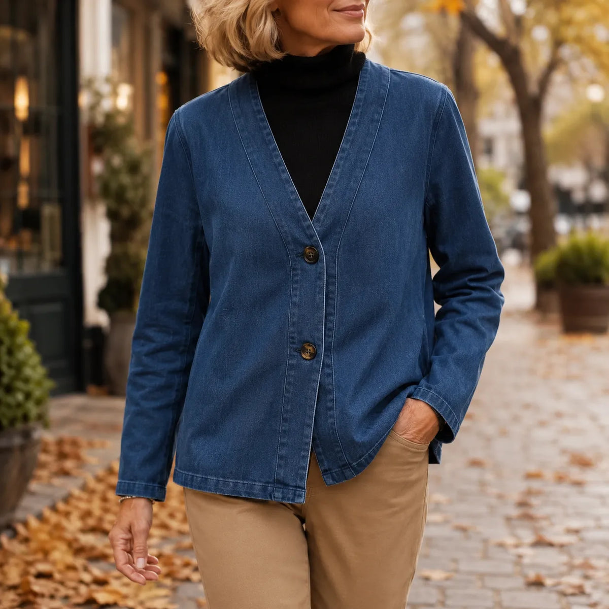 Verelle – Women's V-Neck Collarless Denim-like Jacket, Soft Button-Front Layer