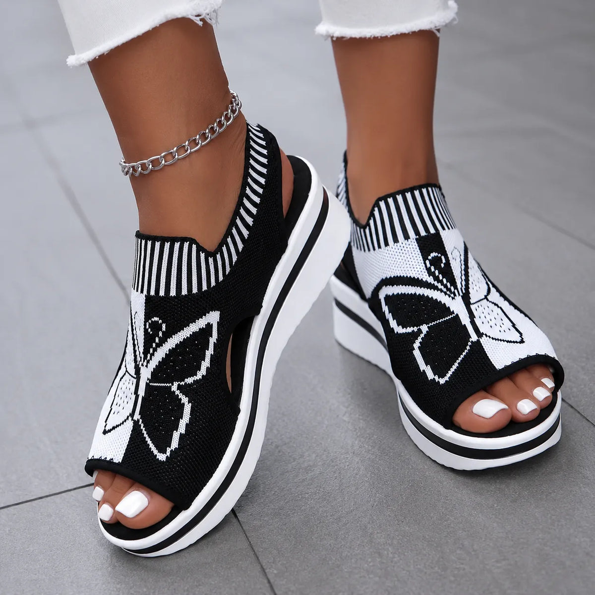 Sockela – Butterfly Knit Platform Peep Toe Sandals for Women