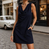 Solenne – Cowl Neck Mini Dress with Pockets, Slim Fit Sleeveless Shift