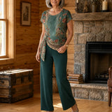 Marovelle – Marble Print Knot-Front Top and Wide-Leg Pants Set