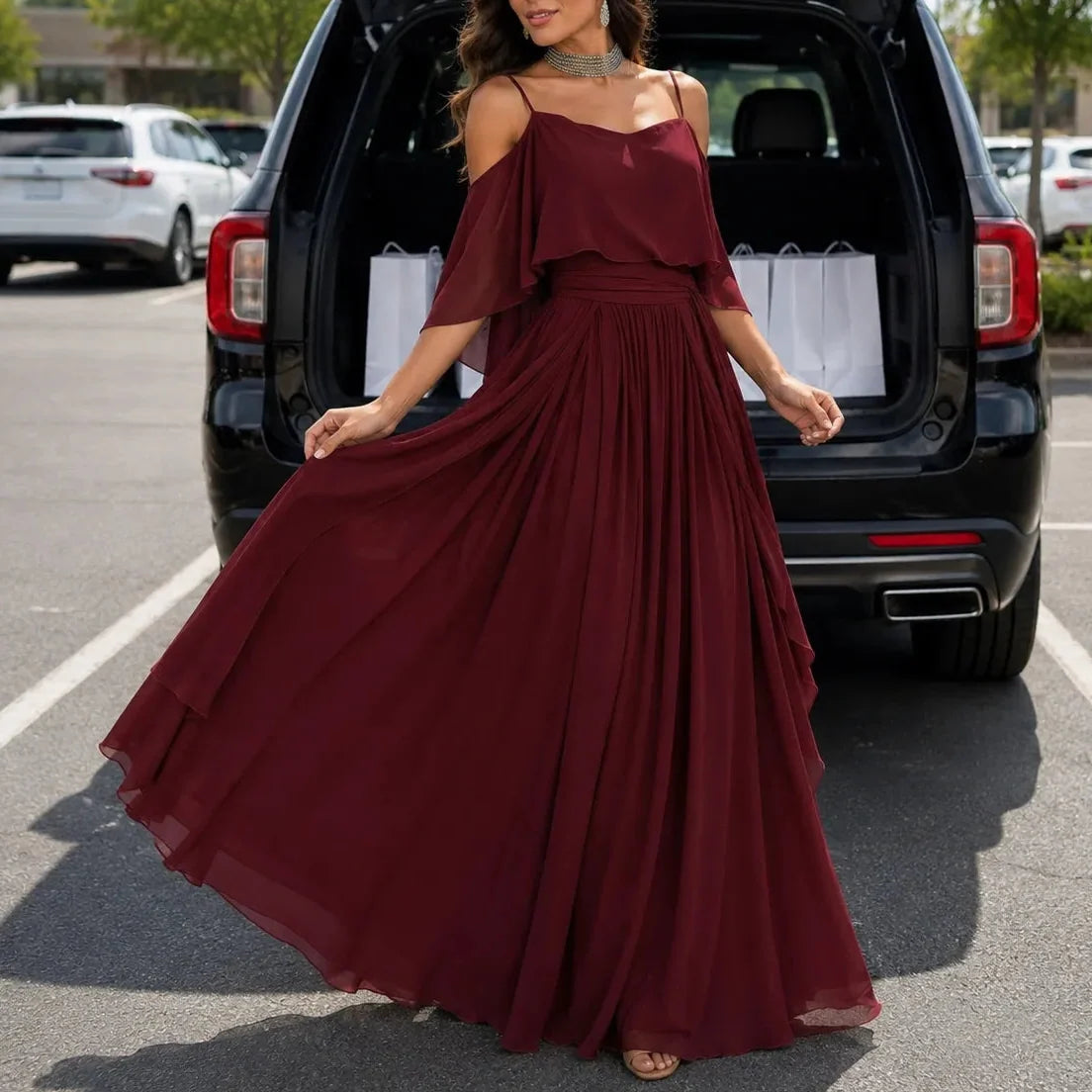 Solavia – Cold Shoulder Chiffon-like Maxi Dress for Weddings & Formal Events