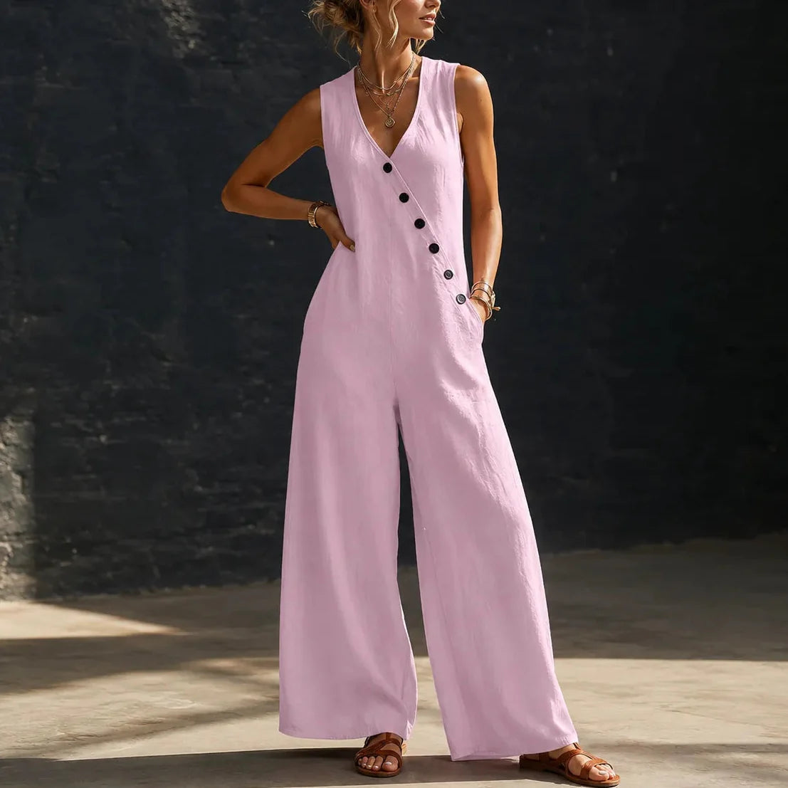 Wearvelle – Sleeveless Wide-Leg Jumpsuit with Diagonal Buttons and Pockets
