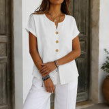 Solene – Relaxed V-Neck Blouse with Wood-like Buttons for Women