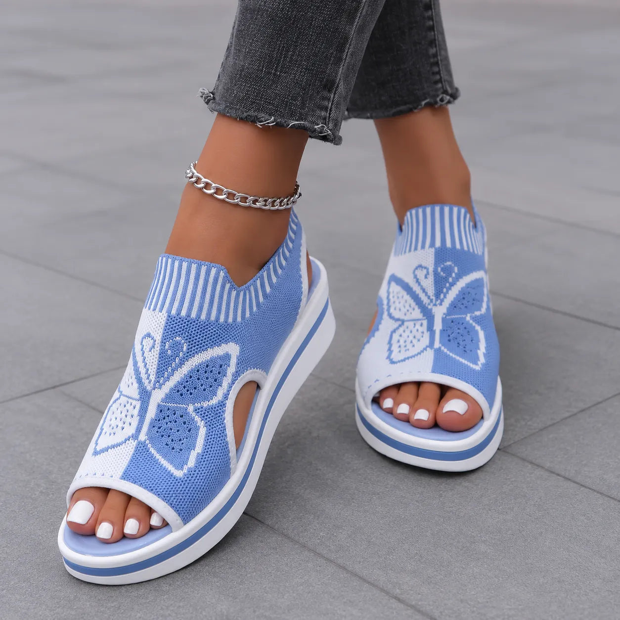 Sockela – Butterfly Knit Platform Peep Toe Sandals for Women