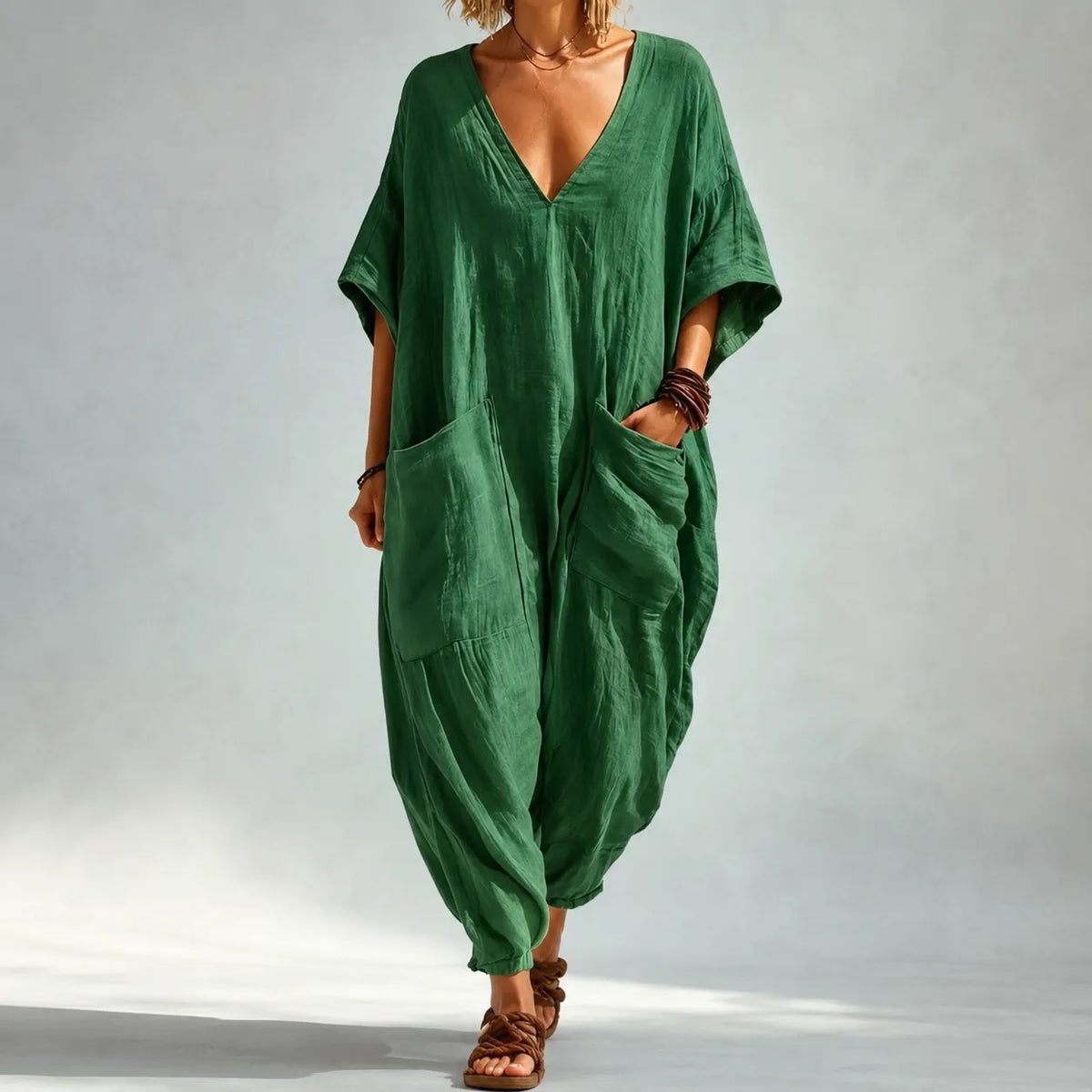 Solunya – Loose V-Neck Summer Jumpsuit with Deep Pockets, Batwing Sleeves, 6 Colors