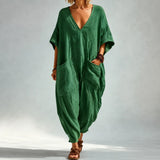Solunya – Loose V-Neck Summer Jumpsuit with Deep Pockets, Batwing Sleeves, 6 Colors