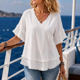 Solendra – Loose V-Neck Fringe Top for Women, Frayed Edge Summer Blouse