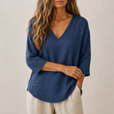 Linvie – Loose V-Neck Linen-Look Blouse with Three-Quarter Sleeves