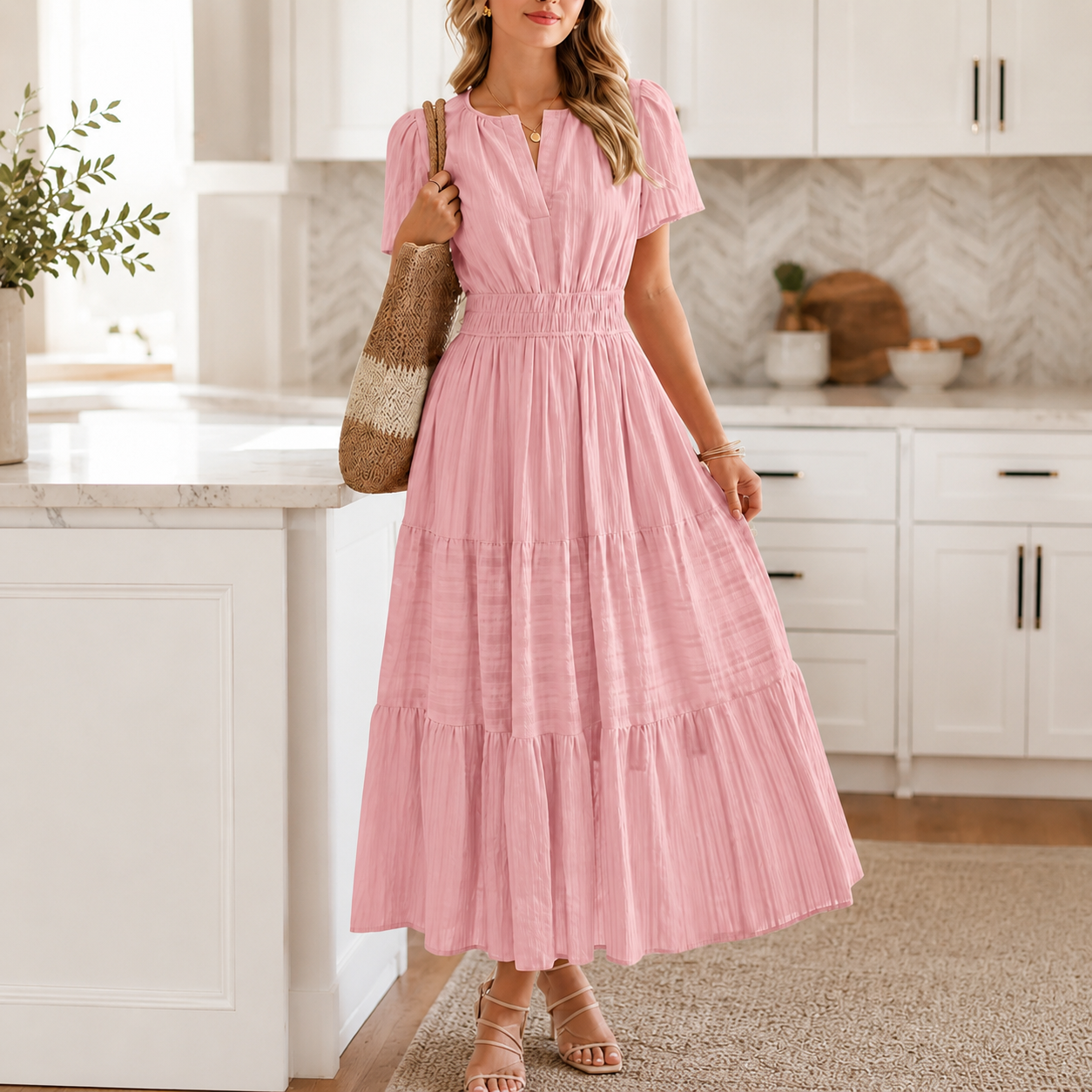 Willowen – V-Neck Tiered Midi Dress with Pockets, Short Sleeve, Ruched Waist