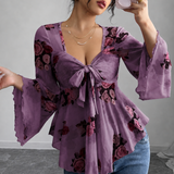 Roselyn – Floral tie-front bell sleeve mesh blouse