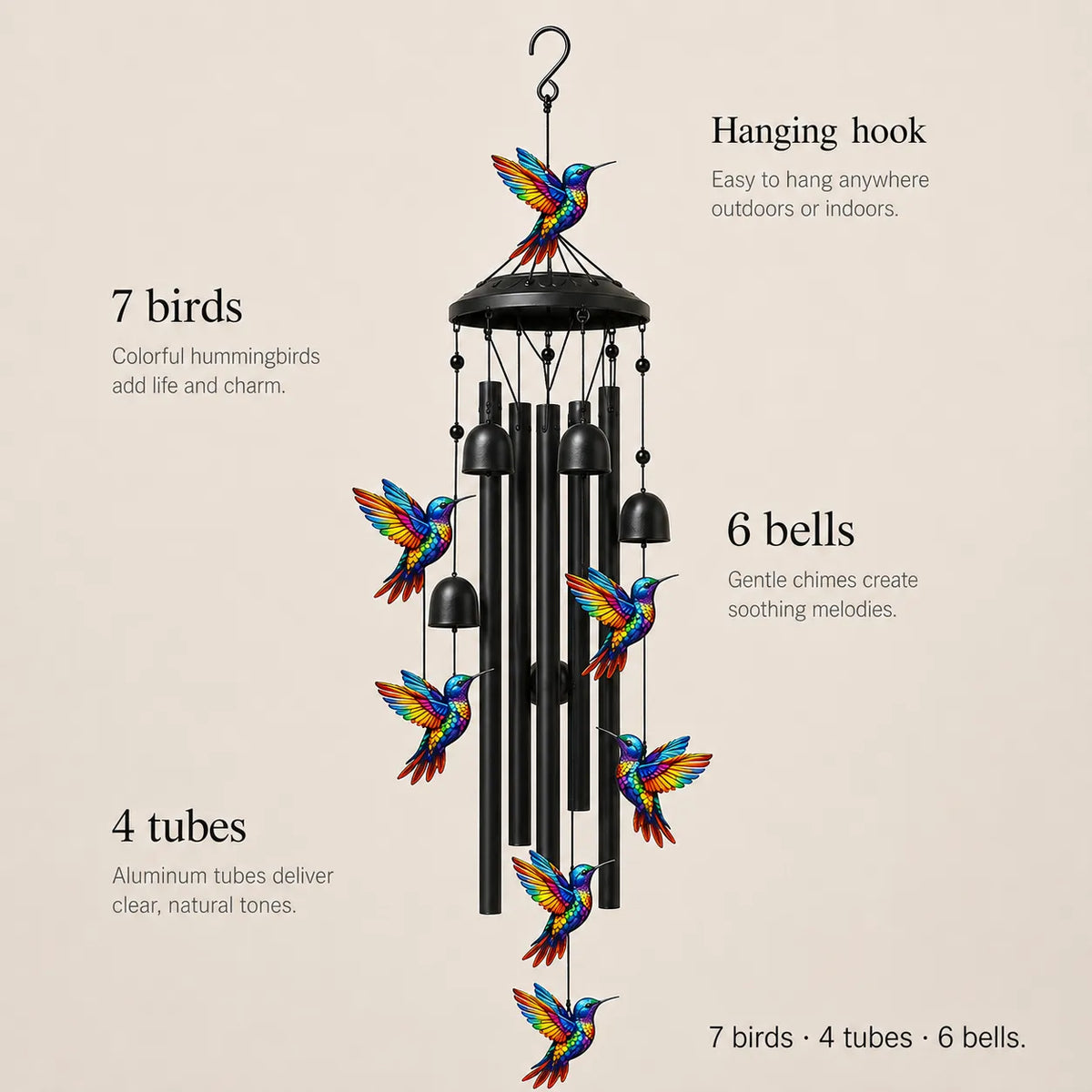 Birdsong – Rainbow Hummingbird Wind Chime for Garden, Patio & Porch