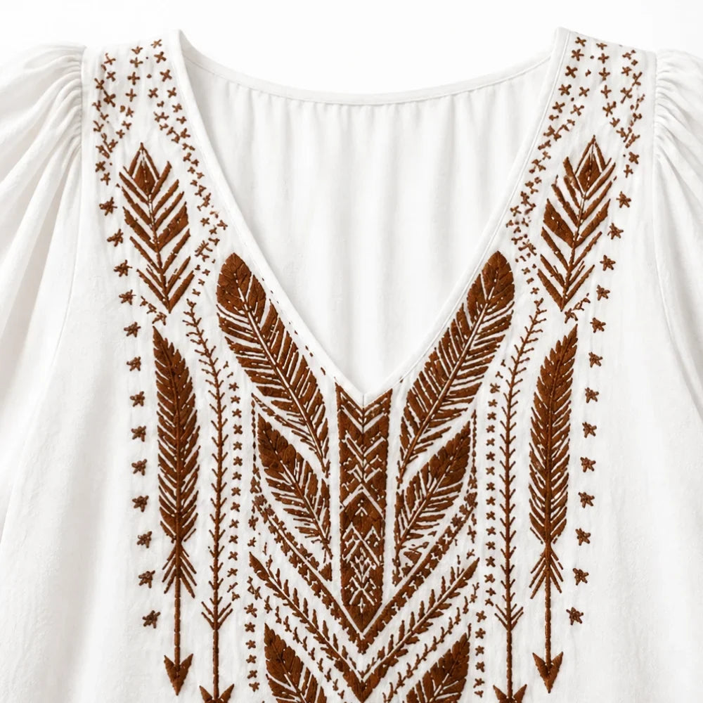 Soluna – Embroidered Boho Blouse, V-Neck, Balloon Sleeve