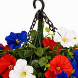 Liberty Bloom – Patriotic Hanging Flower Basket with LED Lights, Red White Blue Silk Blooms for July 4th Porch Decor