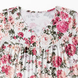 Florenza – Women's Floral Pleated Henley Tunic Top, Flowy Short Sleeve V-Neck Button Up Shirt for Jeans